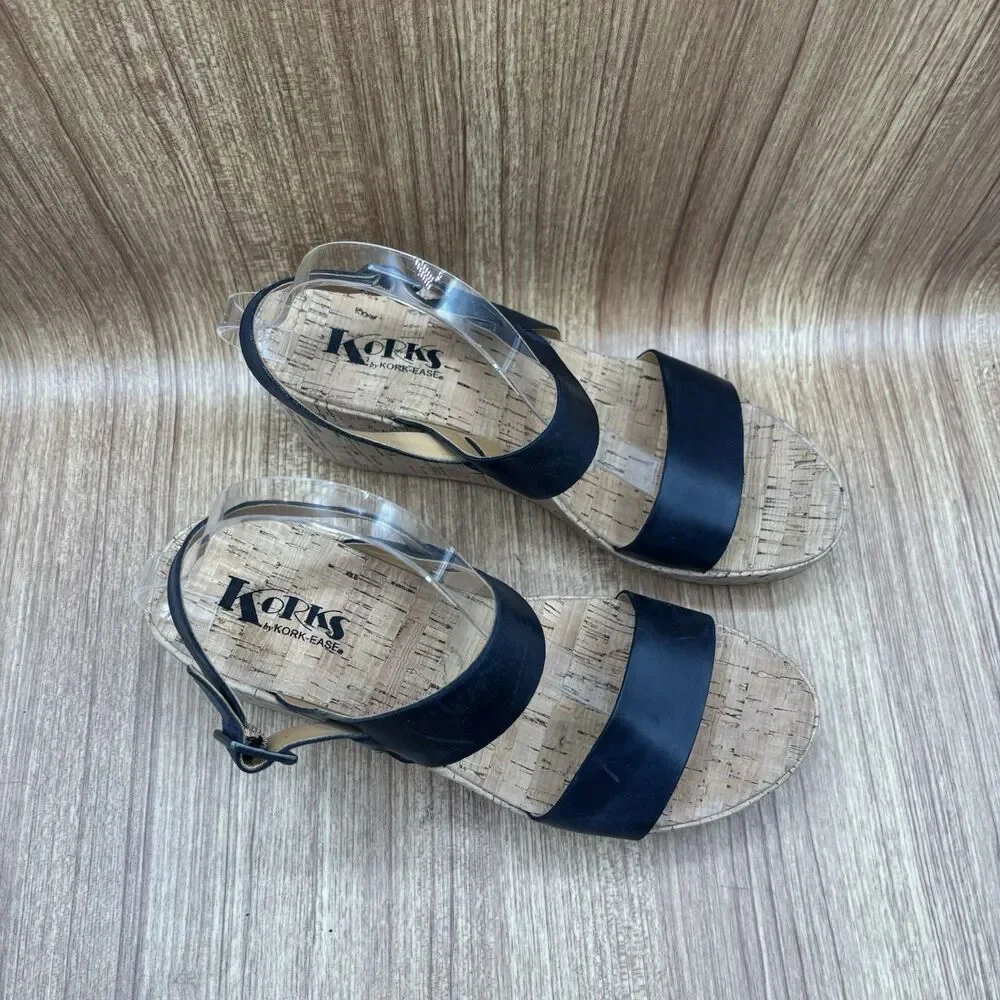 KORKS KORK-EASE Austin US 10 Genuine Leather Platform Wedge Sandal Black Comfort